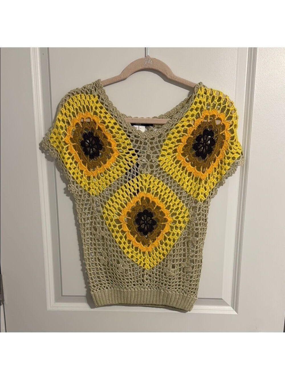 Miss Kelly 1999 Sunflower Crochet Knit Top S/M NWT Boho Sweater